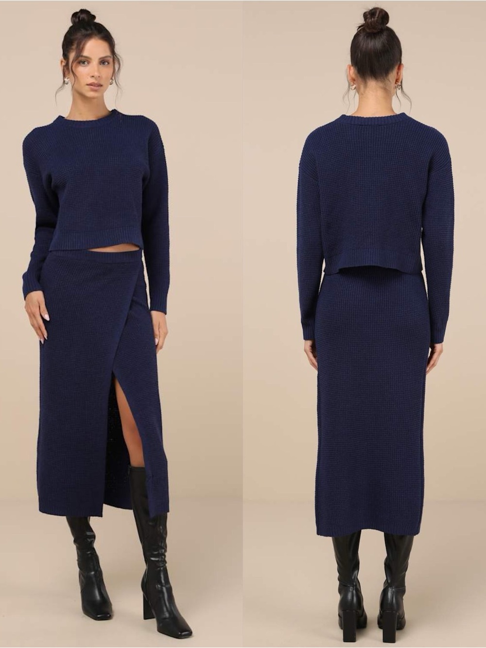 LULU'S Autumn Sweetheart Navy Blue Waffle Knit Two-Piece
Sweater Dress